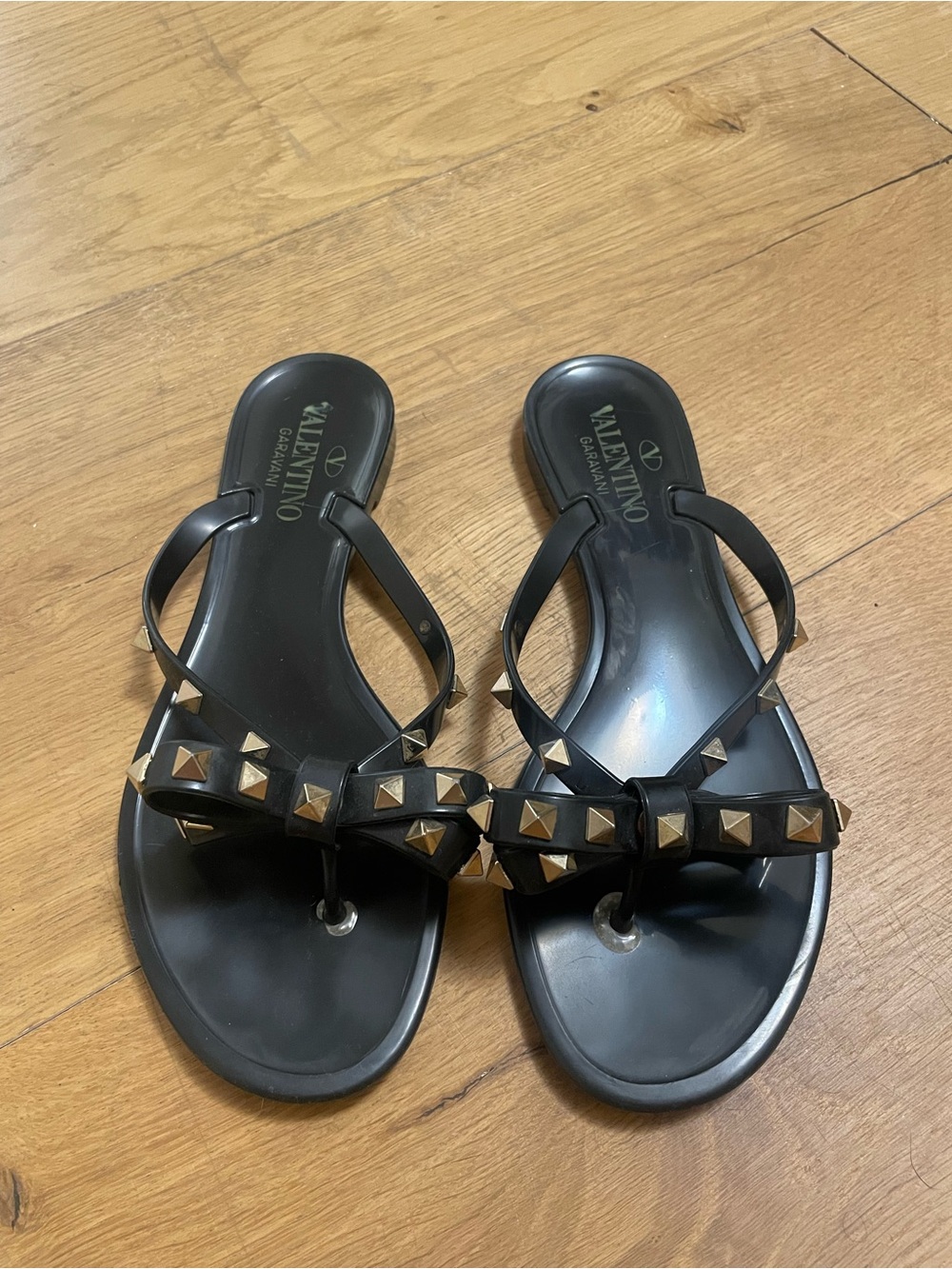 Valentino Black Jelly Bow Sandals with Gold Studs